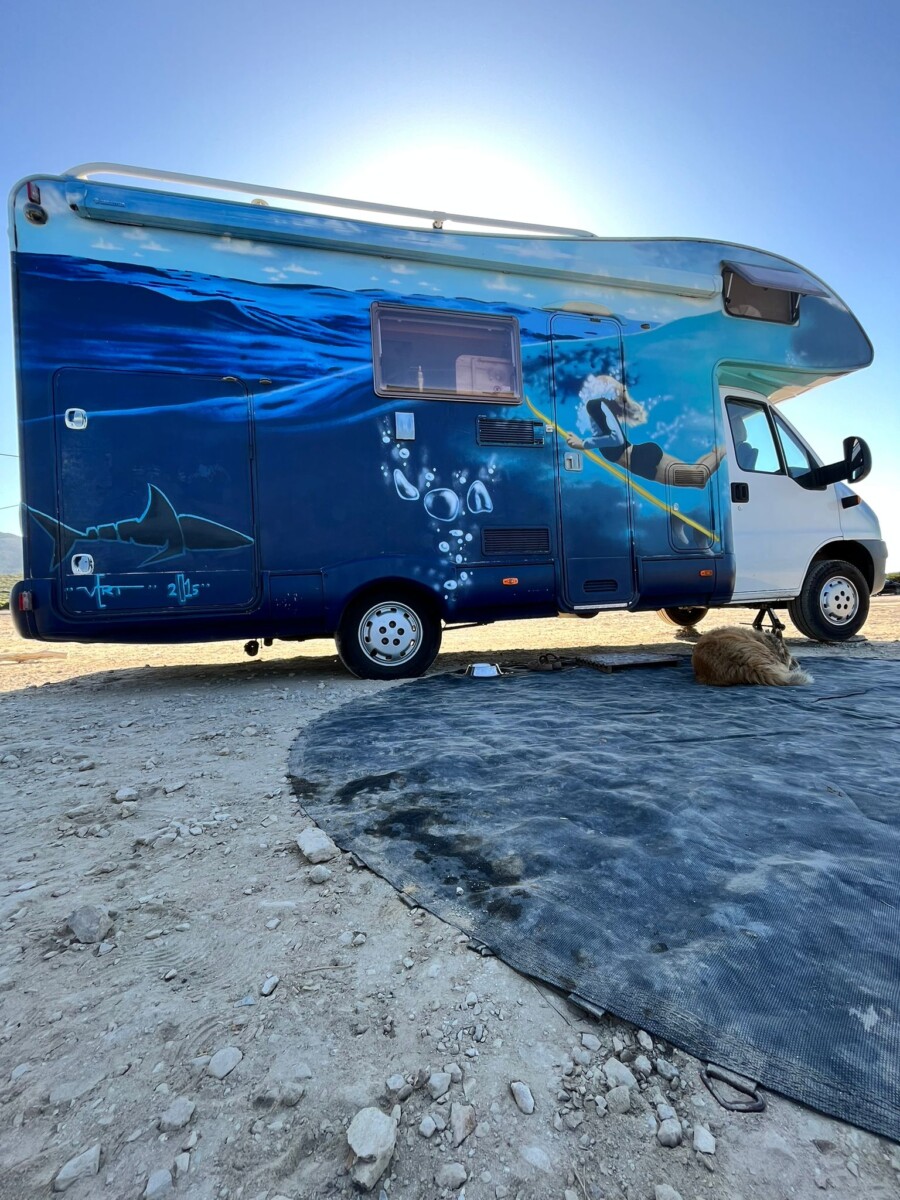 Surferin macht einen Duck Dive unter einer Welle durch, Sujet auf Wohnmobil